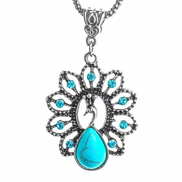 Turquoise Silver Peacock Necklace - Picture 2 of 8